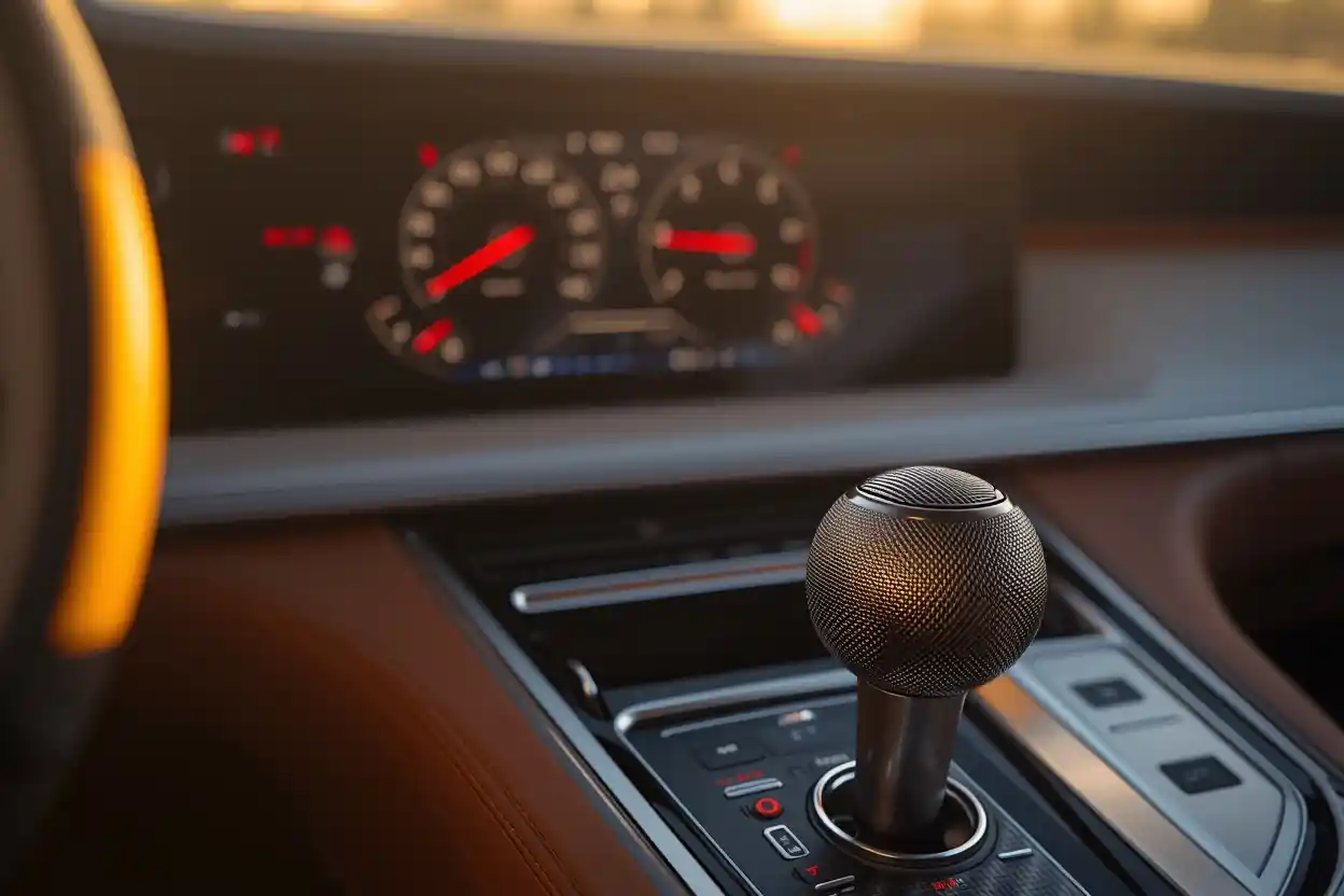 Classic analog gauges and manual shifter in a modern car