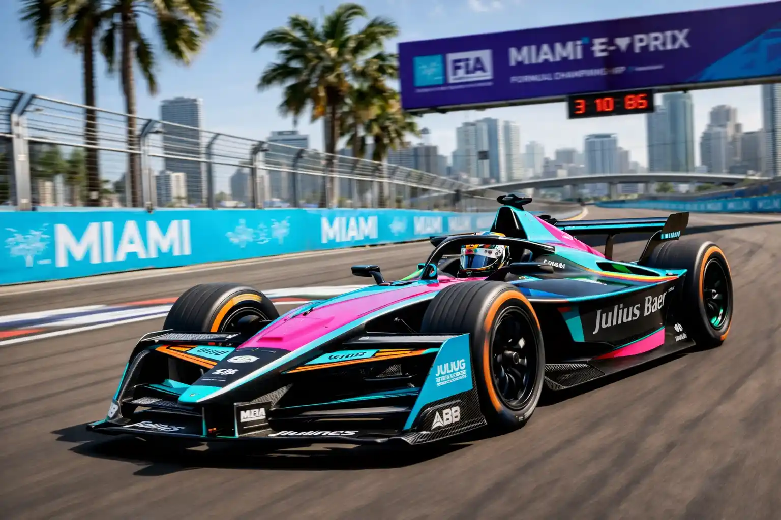 Formula E GEN3 Evo racing at Miami International Autodrome