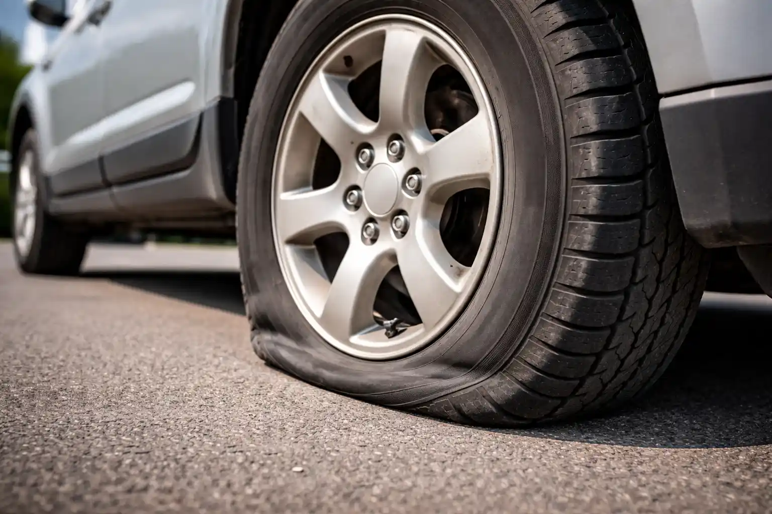 Car stranded on roadside with a bent rim and flat tire