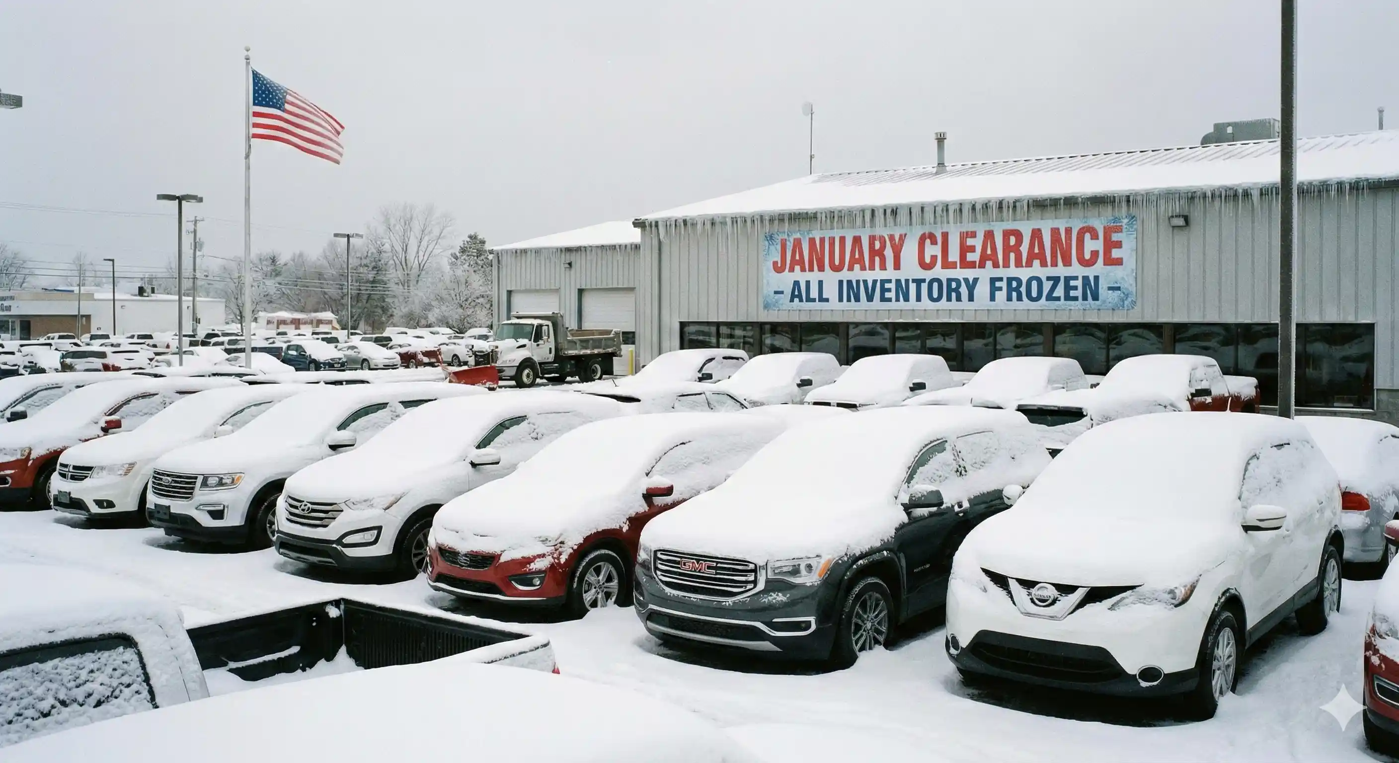 Snow-covered American car dealership lot with unsold inventory