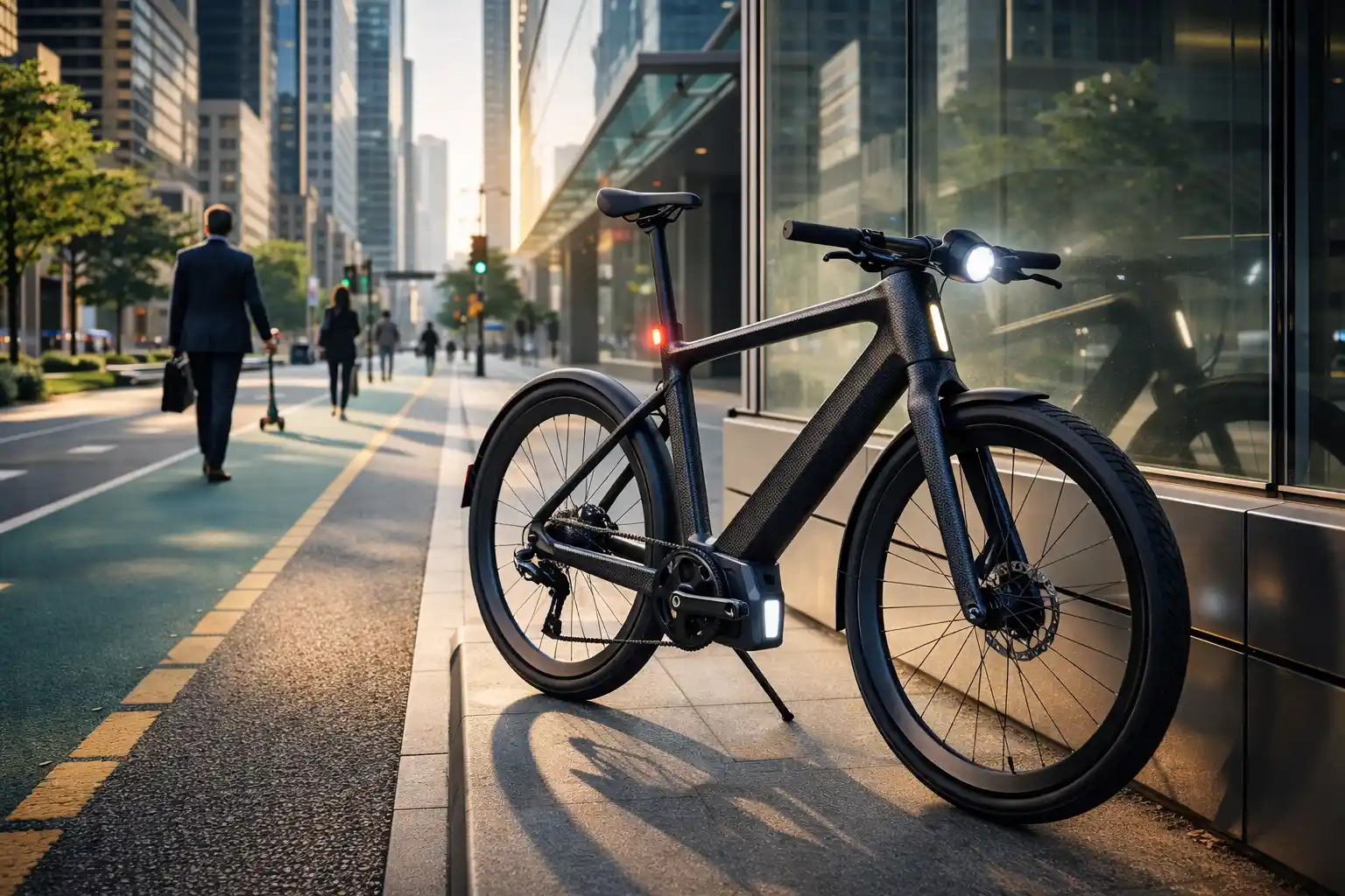High-end electric commuter bike in a 2026 city