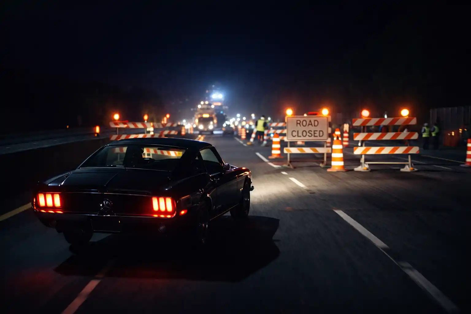 Ford Mustang driving on a highway with construction zones