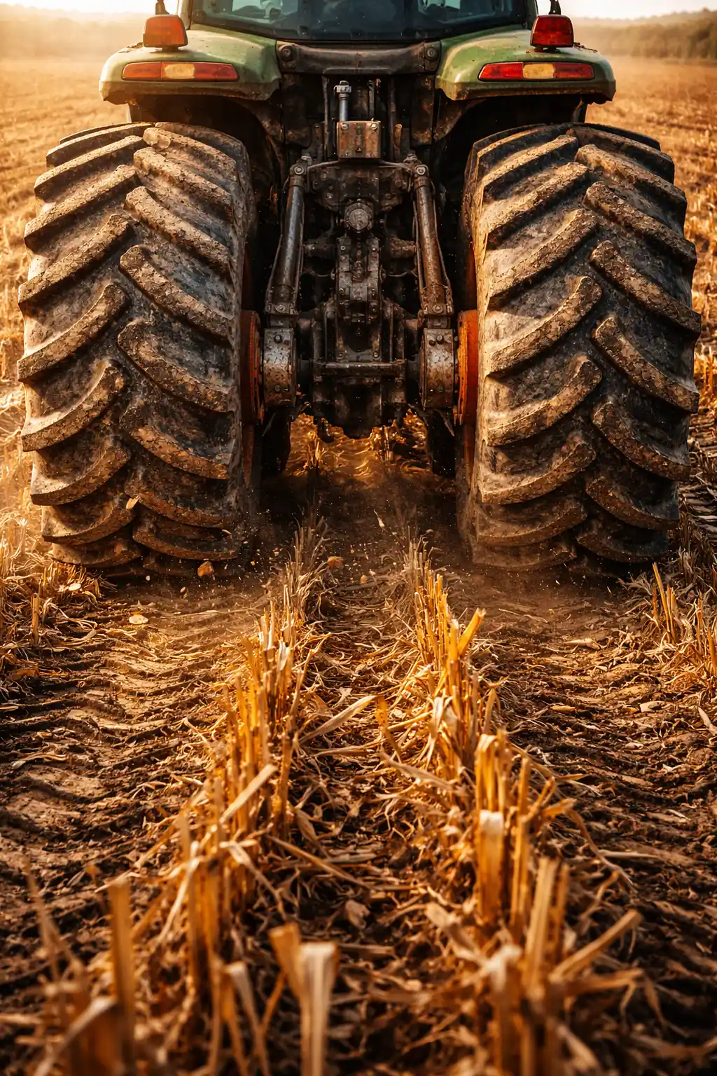 Massive dual tire tractor setup navigating sharp corn stubble with visible deflection