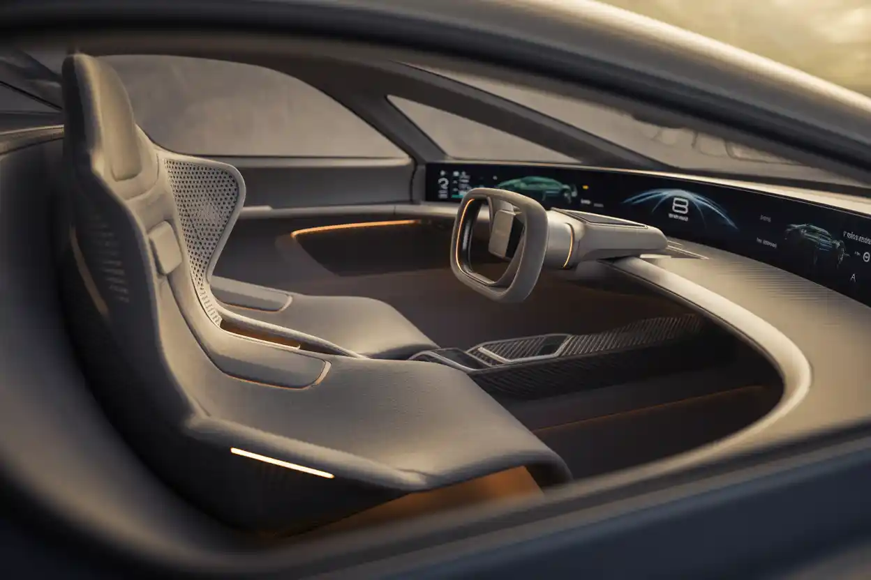 Futuristic 2026 car interior focused on the driver seat command center