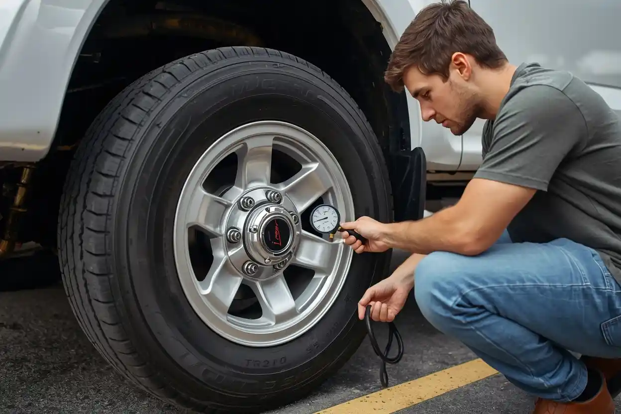 Checking car tire pressure for safety