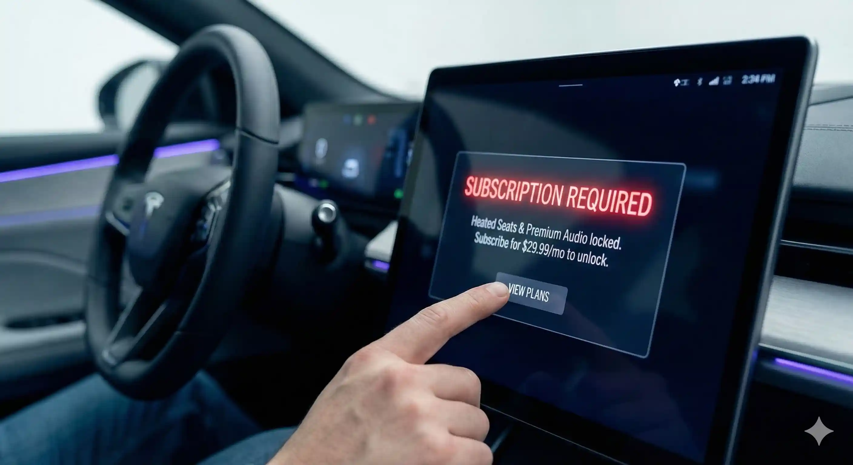 Futuristic car dashboard showing a 'Subscribe to Unlock Heater' notification