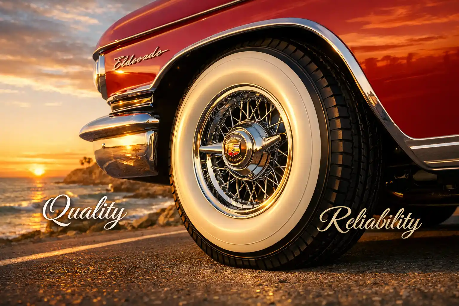 Classic Cadillac with wide white-wall tires