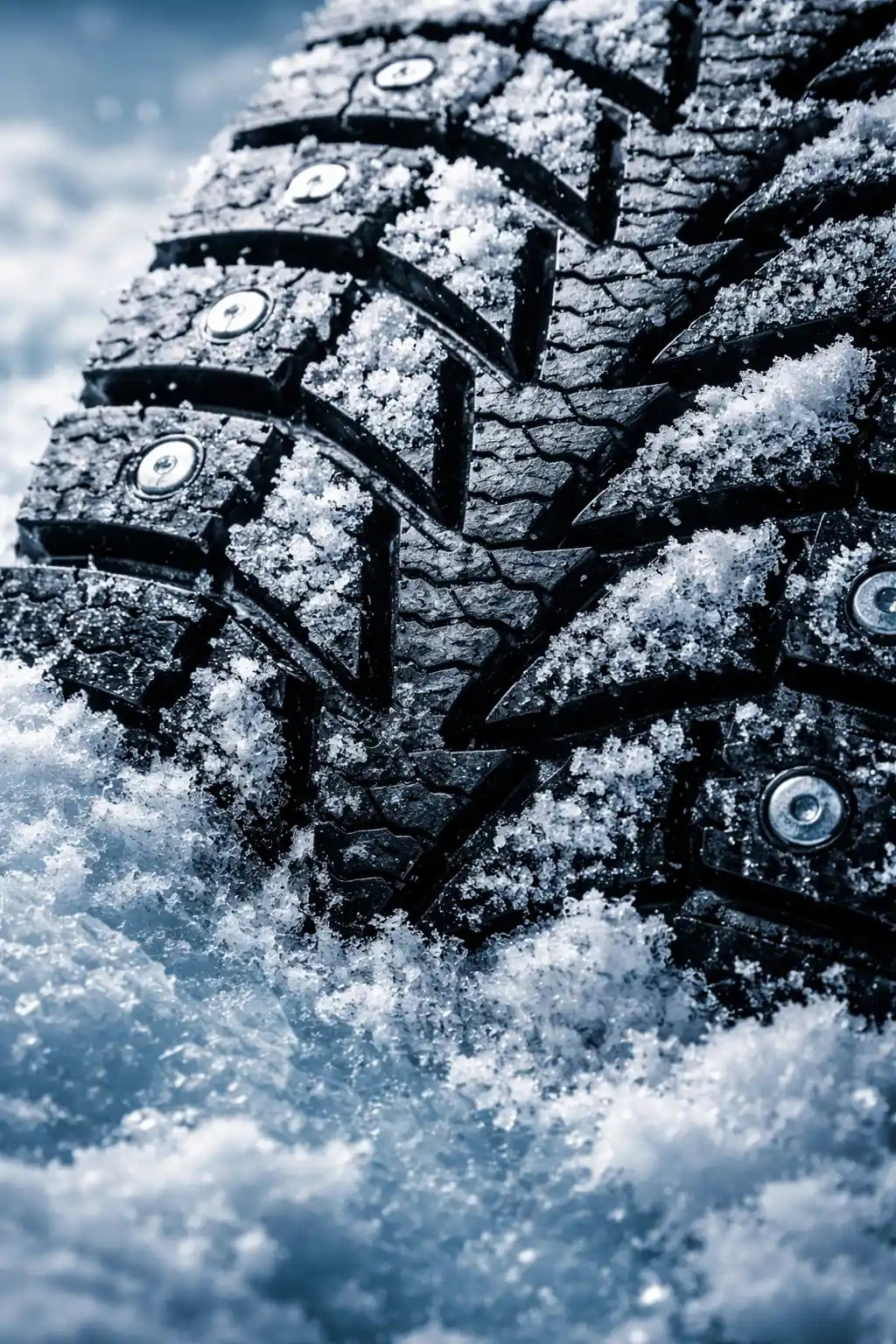 Macro shot of winter tire sipes gripping ice and snow for maximum traction