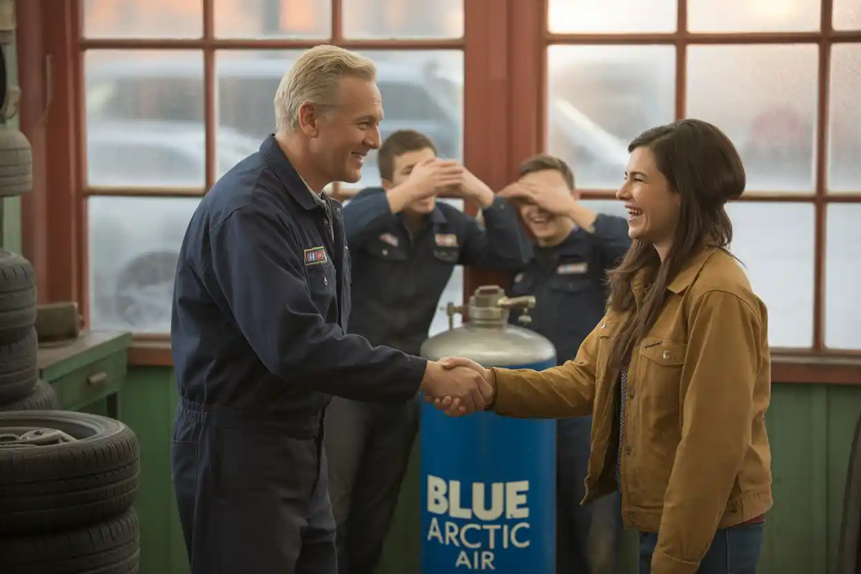 Mechanic holding a blue tank labeled Winter Air while smiling